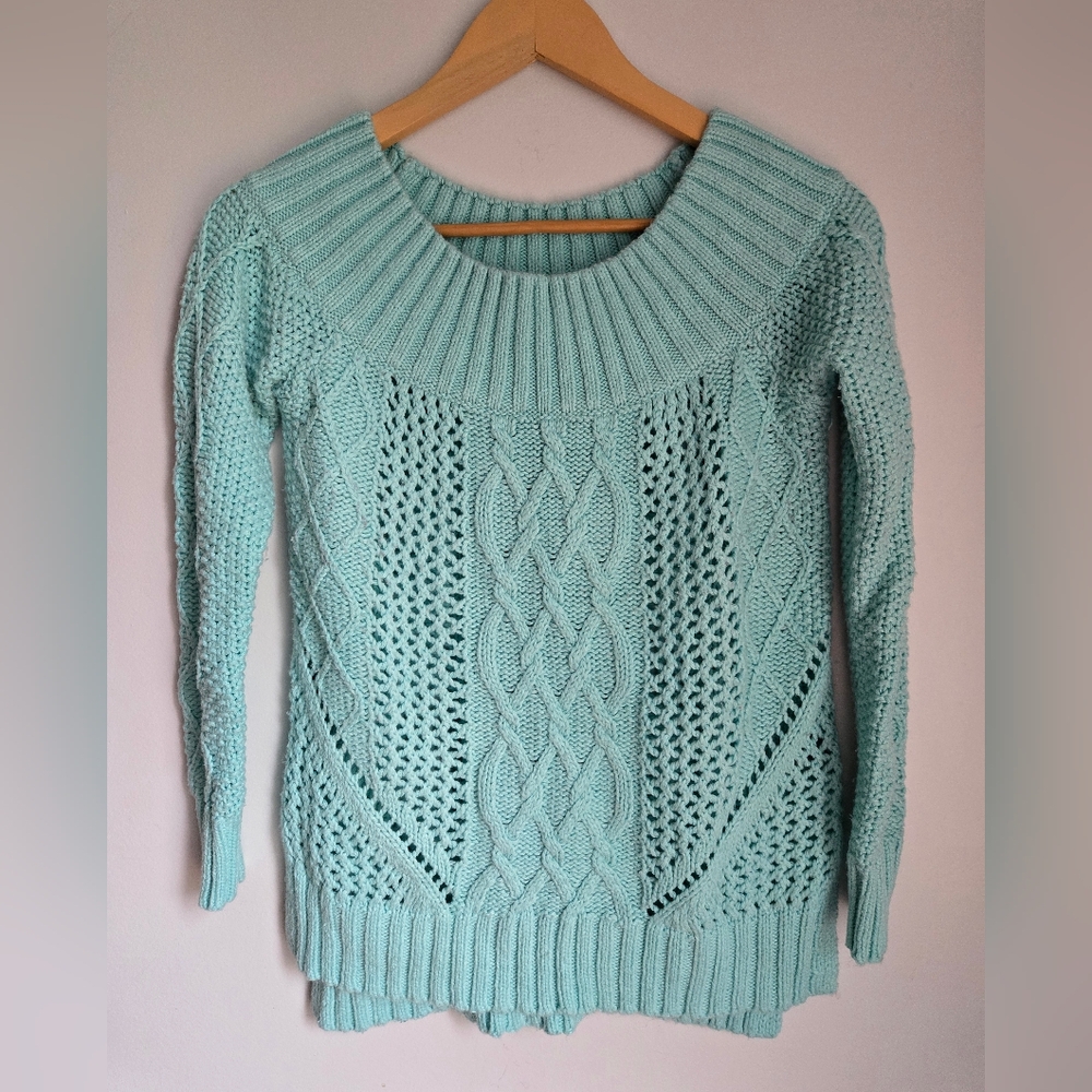 AERIE Light Aqua Cable Knit Cotton Blend Sweater